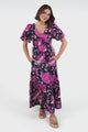 Camilla Maxi Dress - V-Neck Pull Tie Short Sleeve Dress in Ambi Print