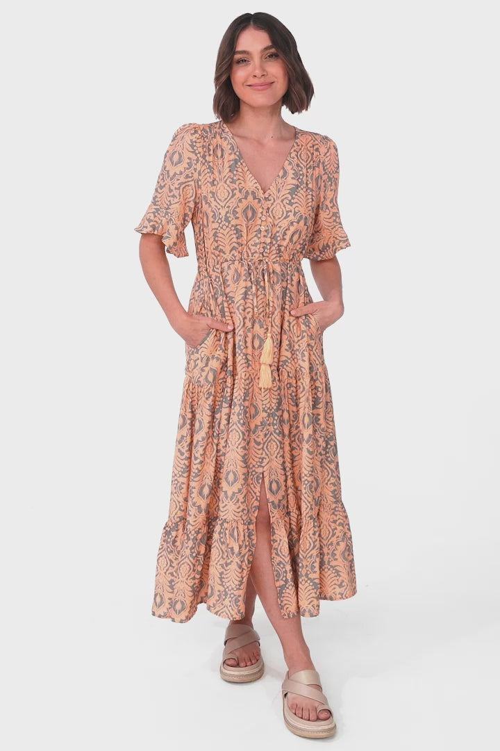 Andiara Midi Dress - A-Line Dress with Flute Sleeves and Waist Tie in Lacan Print