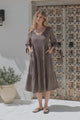 Elisabette Midi Dress - V-Neck Tiered Linen Dress with 3/4 Tie Cuff Sleeves in Chocolate