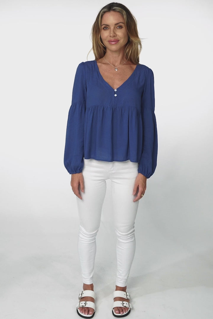 Grace Top - V-Neck Button Decal Long Sleeve Smock Top in Blue