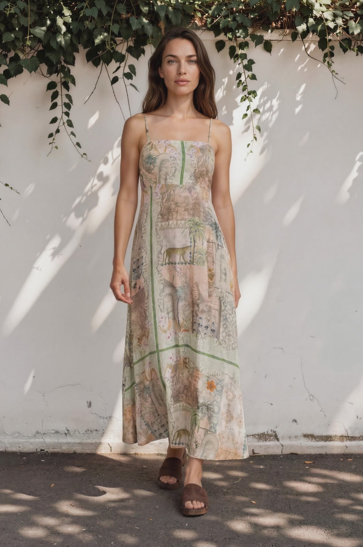 Gretal Maxi Dress - Sqaure Neck A-Line Dress with Adjustable Spaghetti Straps in Tempest Print