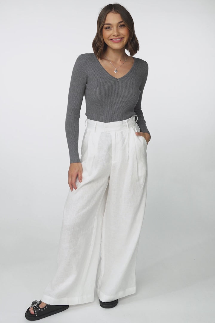 Rowland Knit Top - Ribbed V Neck Knit Top in Grey