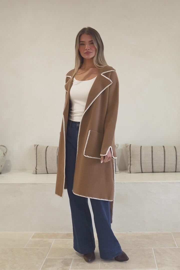 Falcon Cardigan - Lapel Collar Open Cardigan with Matching Belt and Contrast Stitch Hemlines in Tan