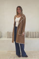 Falcon Cardigan - Lapel Collar Open Cardigan with Matching Belt and Contrast Stitch Hemlines in Tan