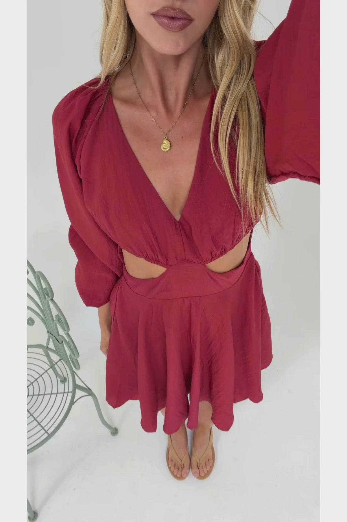 Isabeau Mini Dress - Cutout Waist Fit and Flare Dress with Long Balloon Sleeves in Wine
