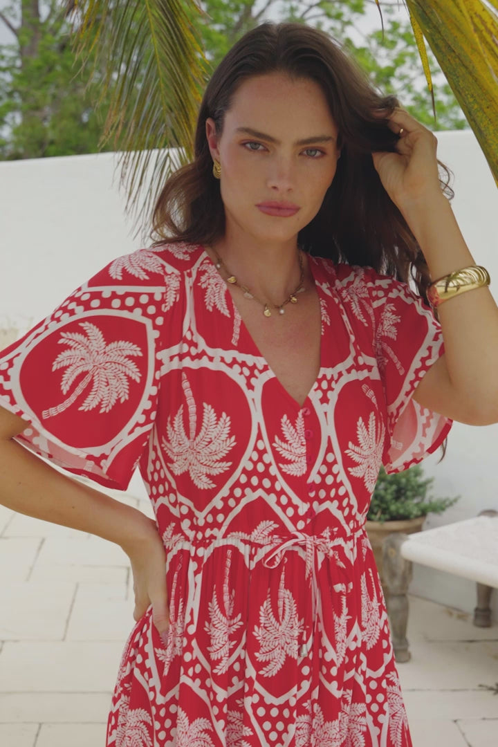 Caroline Mini Dress - Flutter Sleeve V-Neck Dress with Pull Tie Waist in Holly Print Red