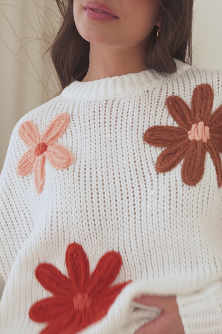 Wildflower Jumper - Chunky Knit Jumper with Flower Decals in White Multi