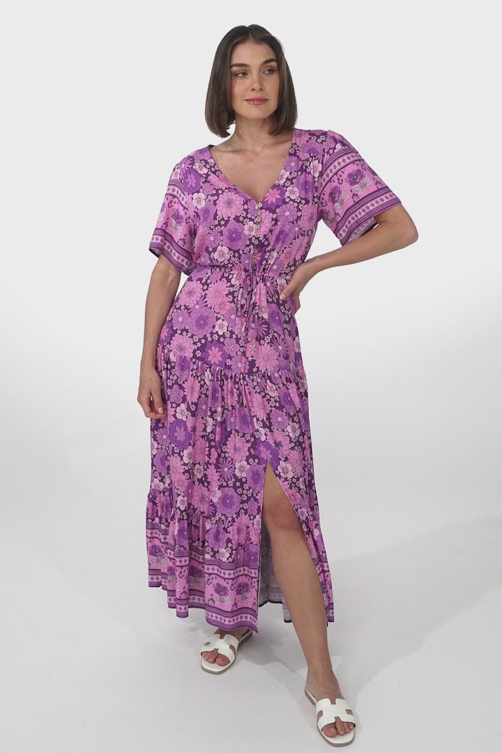 Excalibur Maxi Dress - Short Sleeve Pull Tie Waist Dress with Modest Split in Ursulla Print Purple