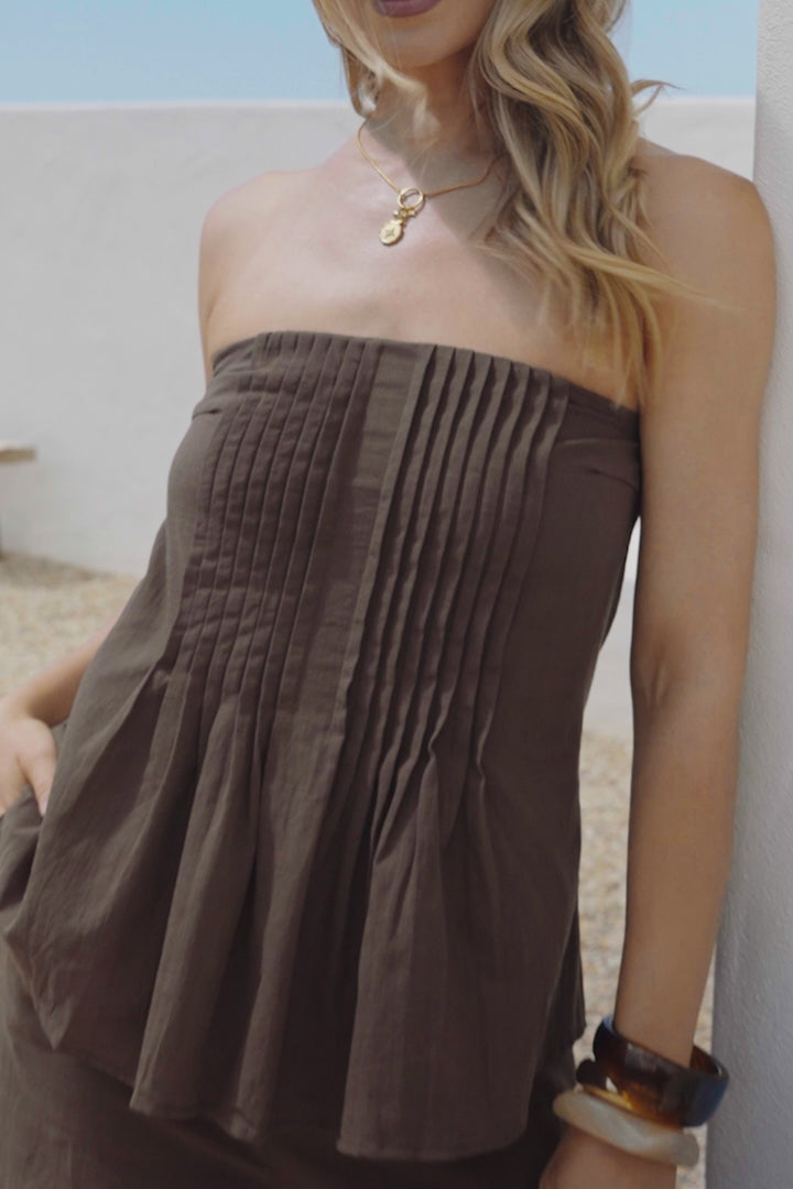 Vanity Two Piece Set - Strapless Pleated Top and Long Pants in Dark Chocolate