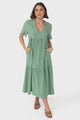 Malyn Midi Dress - Mandarin Collar Tiered Short Sleeve Dress in Green