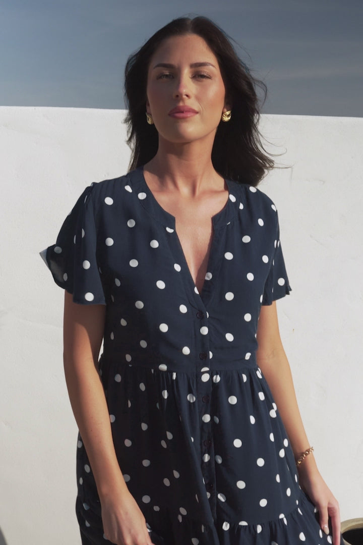 Wilma Mini Dress - Bermuda Collar Button Down Dress with Cap Sleeves in Parisian Polka Navy