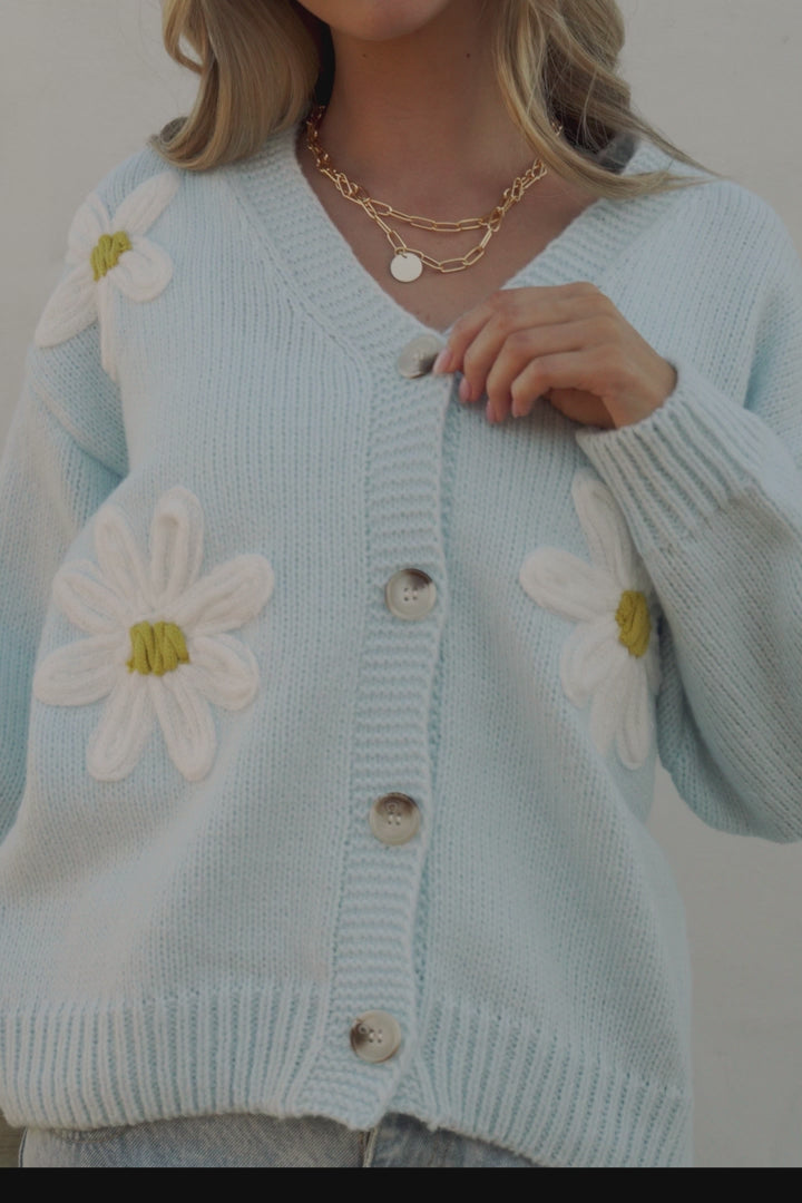 Daisy Belle Cardigan - Cropped Thick Knit Cardigan with Flower Decals in Baby Blue