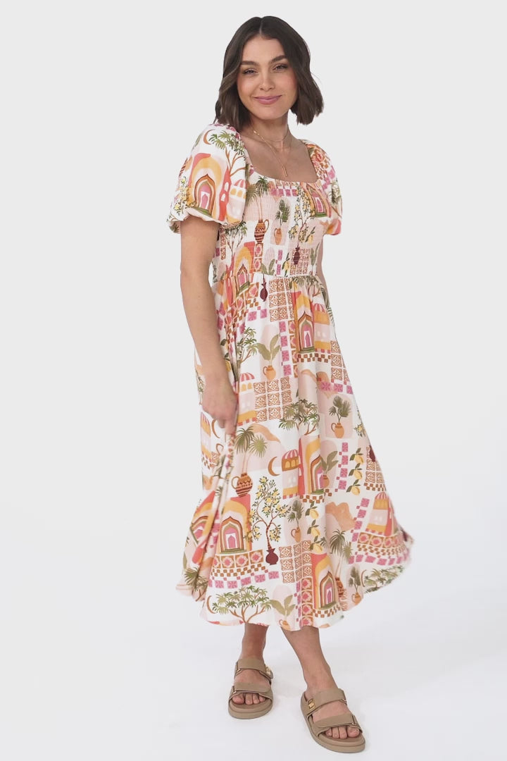 Shira Midi Dress - On Or Off Shoulder Elasticated Bodice Dress With Short Balloon Sleeves In Baroa Print