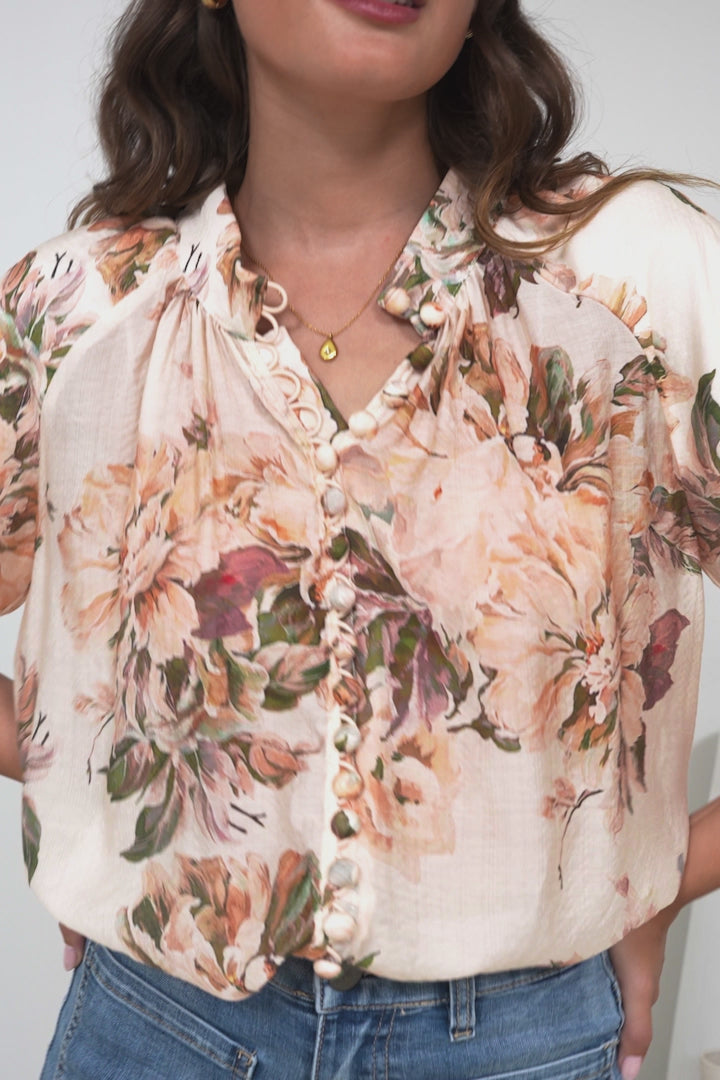 Natalia Blouse - Button Down Mandarin Collar Shirt in Kirah Print Peach