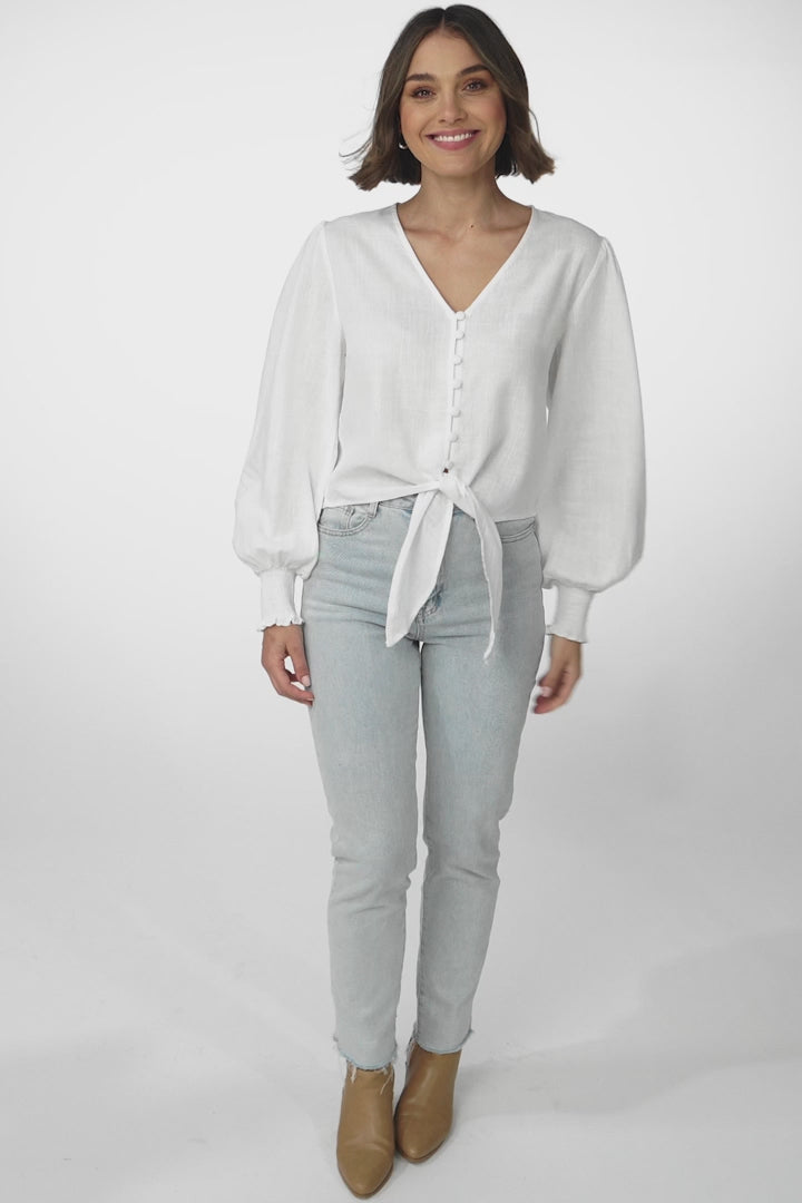 Amber Top - Button Down with Tie Detail Top in White