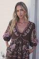 Thanya Midi Dress - V-Neck with Tie Balloon Sleeve Tiered Dress in Magah Print Brown