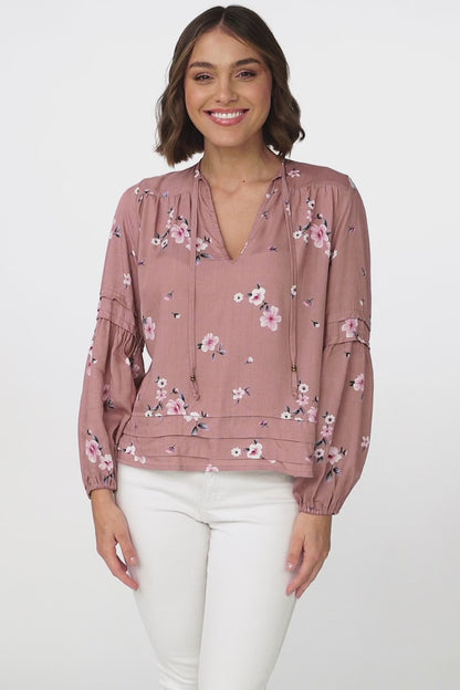 Albany Top - Pleating Details Pull Over Top With Long Balloon Sleeves In Maron Print Rose