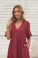 Laysa Mini Dress - Mandarin Collar Short Sleeve Tiered Dress in Berry