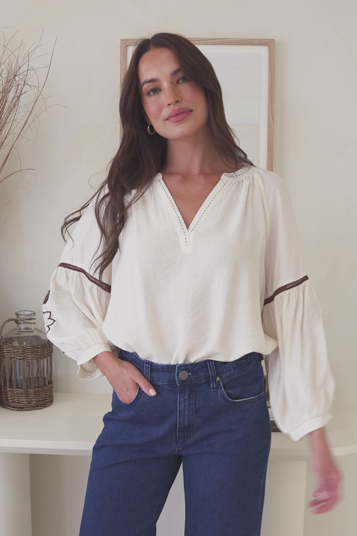 Cassel Top - Round Split Collar Pullover Embroidered Top with Balloon Sleeves in Cream