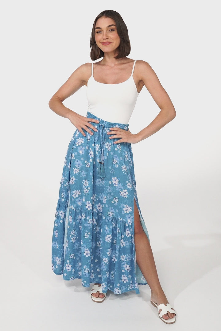 Hellen Maxi Skirt - High Waisted Skirt with Front Splits in Ishaka Print Blue