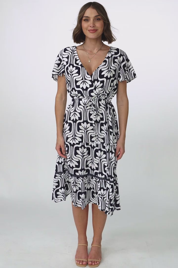 Kris Midi Dress - Cross Bodice A Line Dress with Crochet Spilicing in Luvira Print Navy