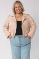 Jodi Jacket - Embroidered Detailing Biker Faux Suede Jacket in Blush