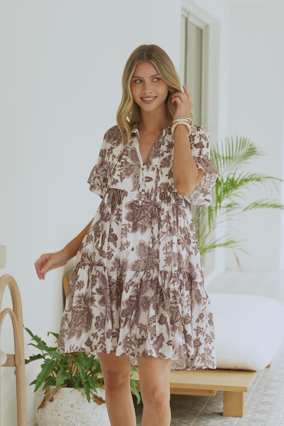 Abilia Mini Dress - Mandarin Collar Smock Dress in Izaria Print Brown