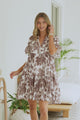 Abilia Mini Dress - Mandarin Collar Smock Dress in Izaria Print Brown