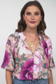 Cecilia Blouse - Mandarin Collar Button-Down with Half Balloon Sleeves in Tiana Print Pink