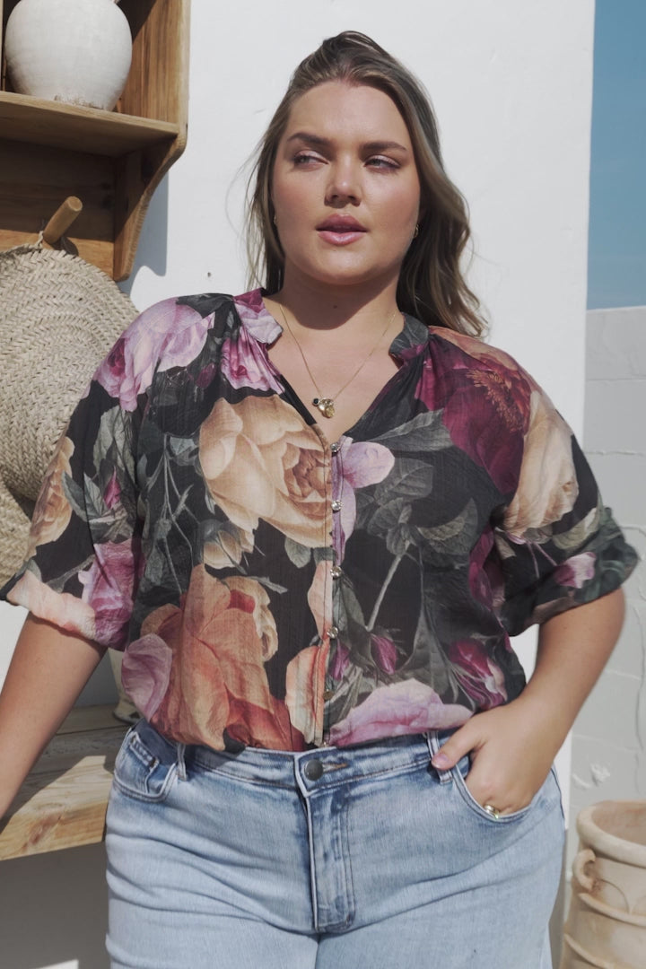 Cecilia Top - Mandarin Collar Button-Down with Half Balloon Sleeves in Annalisa Print