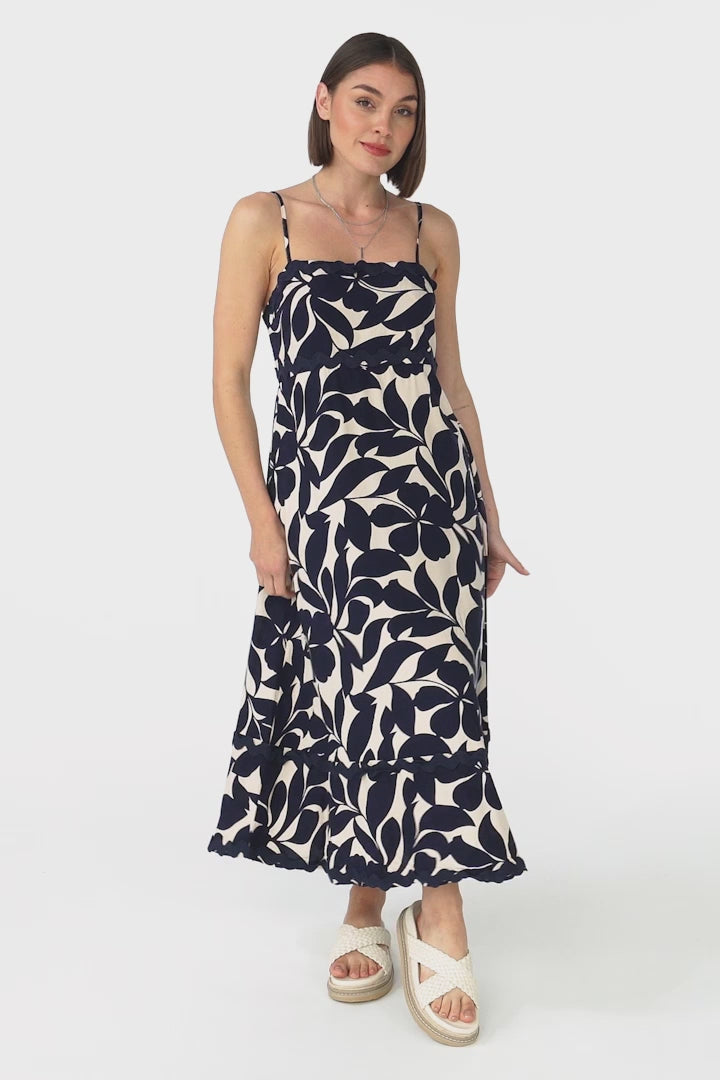 Marlin Midi Dress - Rick Rack Splicing Sun Dress with Adjustable Straps in Kiera Print Navy