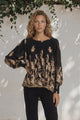 Gelina Top - Crew Neck Pleated High Low Pull Over with Balloon Sleeves in Lynsey Print Black