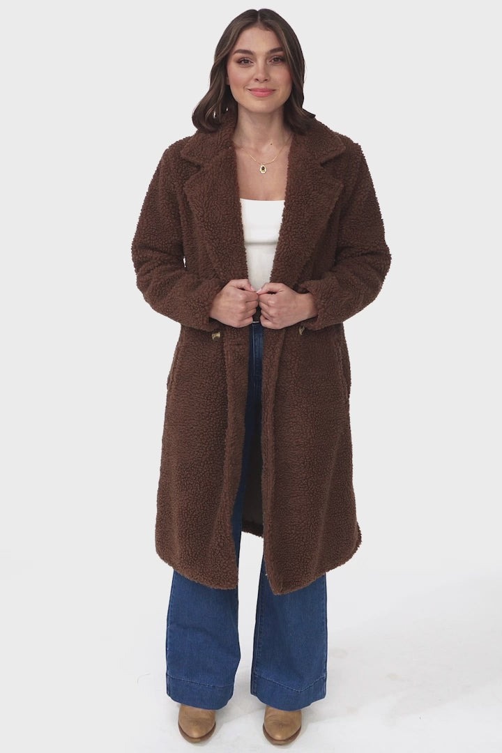 Rooney Coat - Lapel Collared Long Teddy Coat in Brown