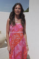 Bionda Midi Dress - Ric Rac Spliced Sun Dress with Adjustable Straps in Clavelle Print Pink