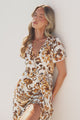 Kali Maxi Dress - Button-front Dress with Flutter Sleeves and Front Split in Quest Print Brown