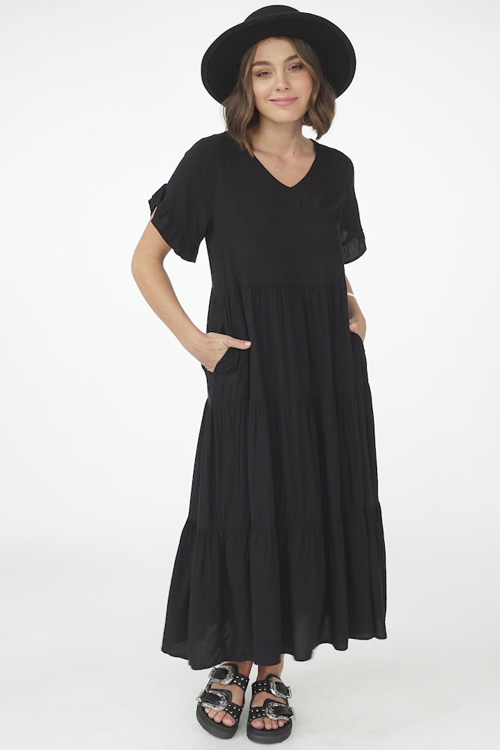 Ame Midi Dress - V Neck Frill Sleeve Tiered Dress in Black