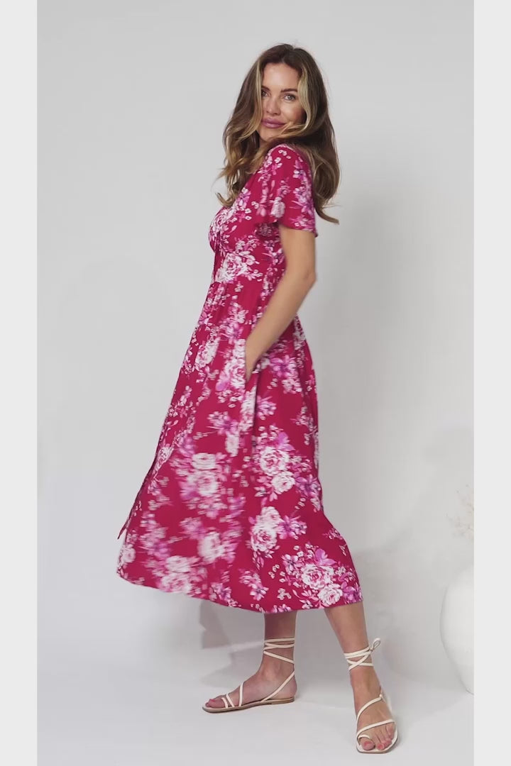 Anais Midi Dress - Cap Flutter Sleeve Button Down A Line Dress in Kimberly Print