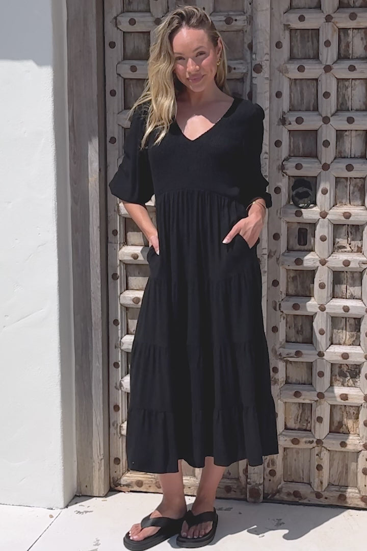 Lellah Midi Dress - Shirred Bodice Soft V Neck Tiered Dress in Black