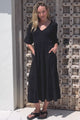 Lellah Midi Dress - Shirred Bodice Soft V Neck Tiered Dress in Black