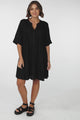 Ayva Mini Dress - 3/4 Sleeve Tiered Smock Dress in Black