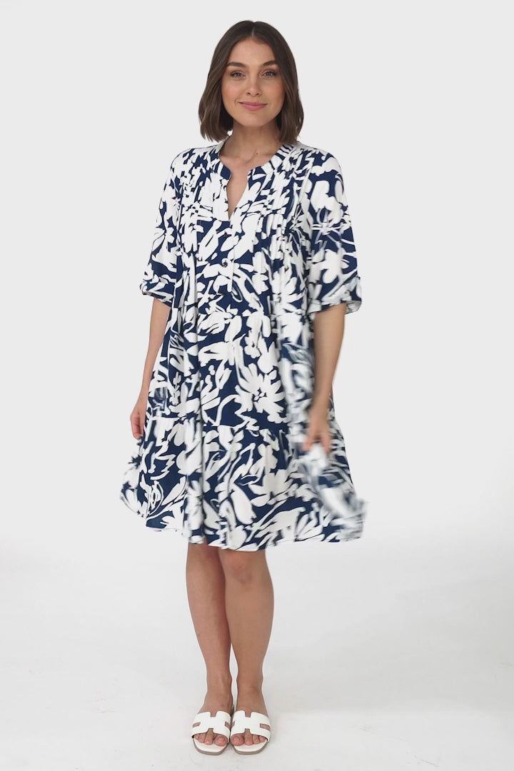 Evie Mini Dress - 3/4 Sleeve Tiered Smock Dress in Charis Print Blue