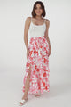 Hellen Maxi Skirt - High Waisted Skirt with Front Splits in Braley Print Pink