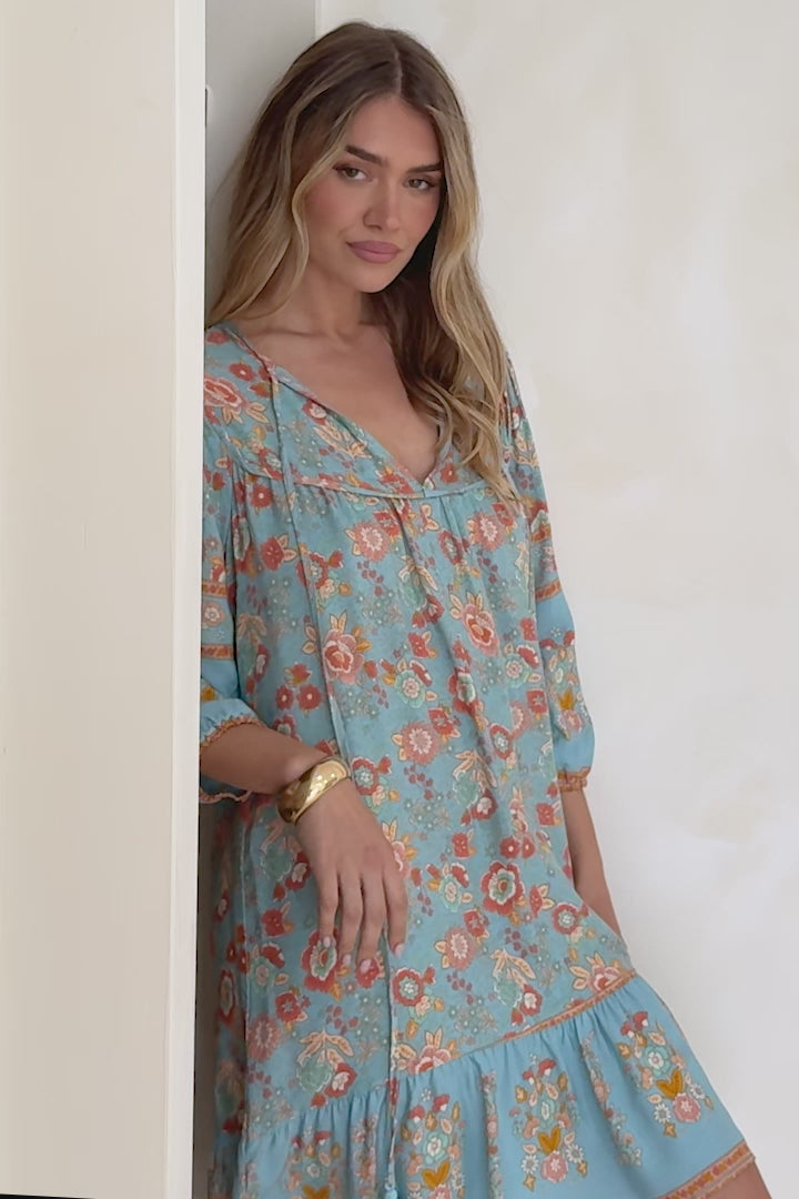 Helda Mini Dress - V-Neck Shift Dress with Balloon Sleeves in Aletta Print Blue