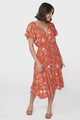 Kaida Midi Dress - Lattice Trim Detailed Buttoned Bodice A-Line Dress in Maui Print Orange