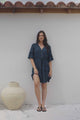Kyra Mini Dress - Tiered V-Neck Dress with Pull Tie Waist in Blue