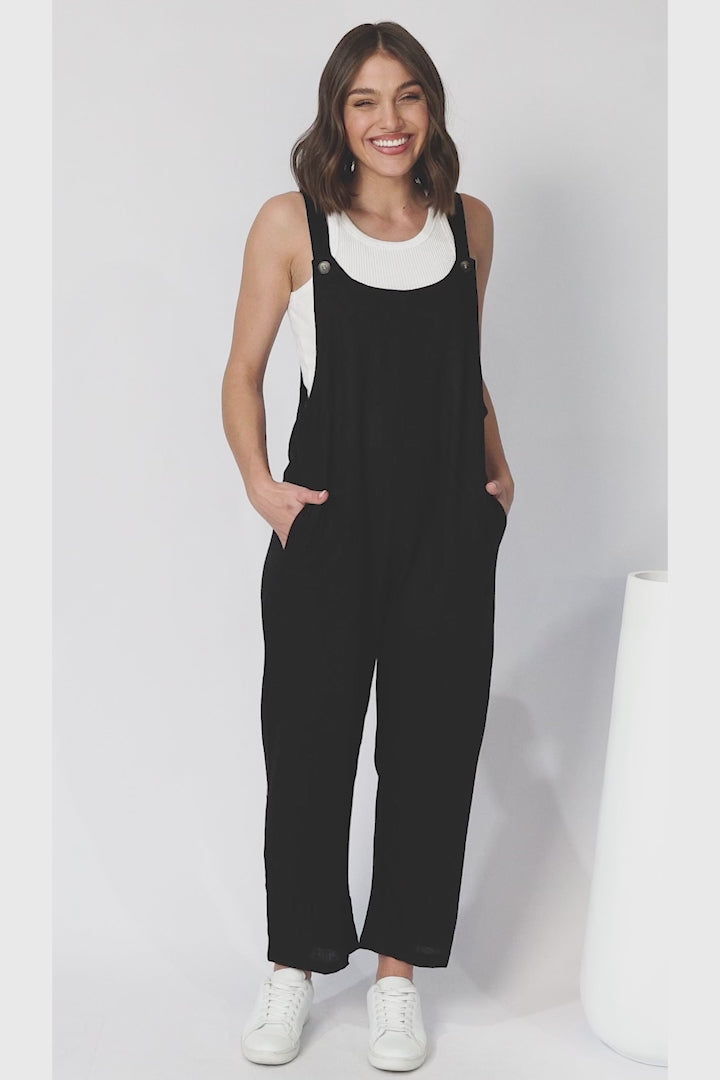 Tulum Jumpsuit - Linen Blend Overalls Pockets in Black