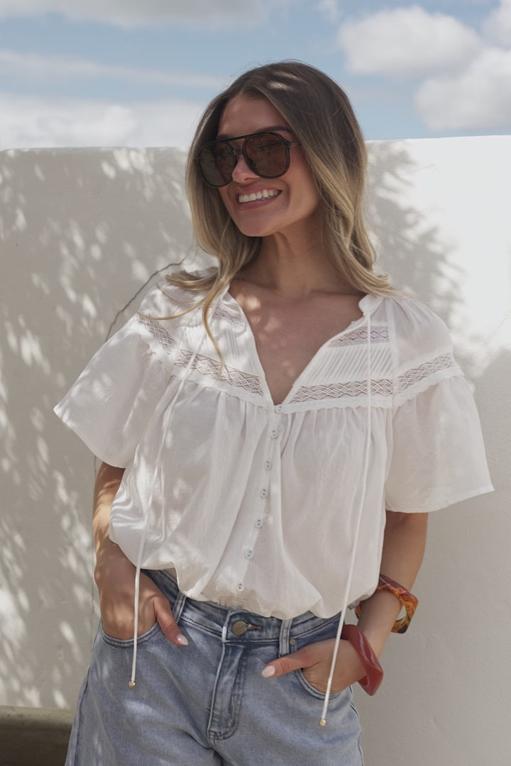 Eveta Blouse - Split Collar Delicate Lace Detailed Button Down with Short Sleeves in White