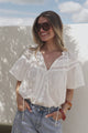 Eveta Blouse - Split Collar Delicate Lace Detailed Button Down with Short Sleeves in White