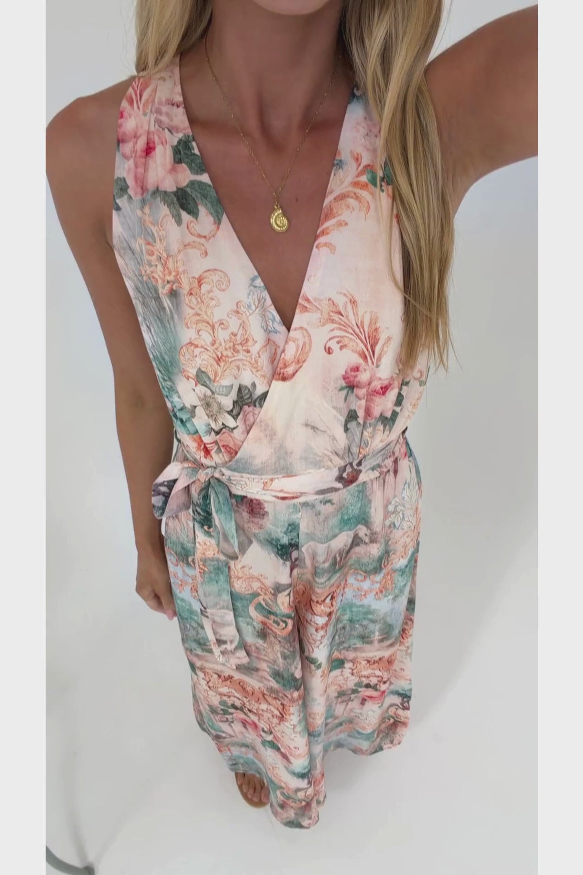 Lira Jumpsuit - V-Neck Wide Leg Pant Jumpsuit with Belt in Swanlea Print