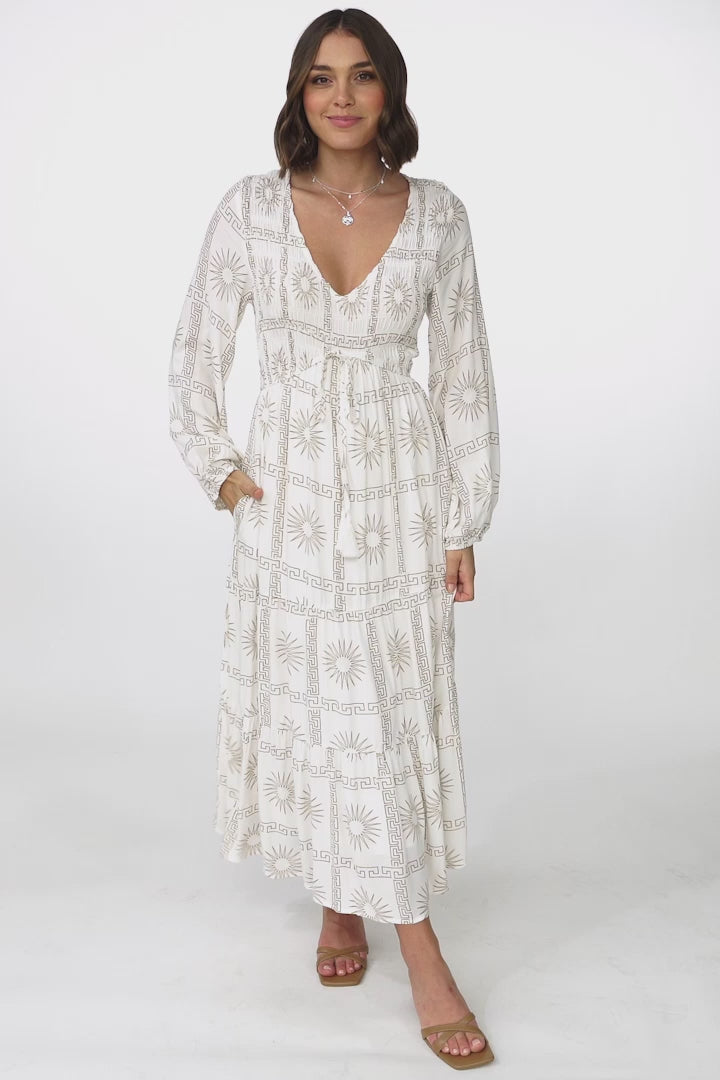 Elias Midi Dress - Shirred Elasticated Bodice A Line Dress with Long Sleeves in Astra White